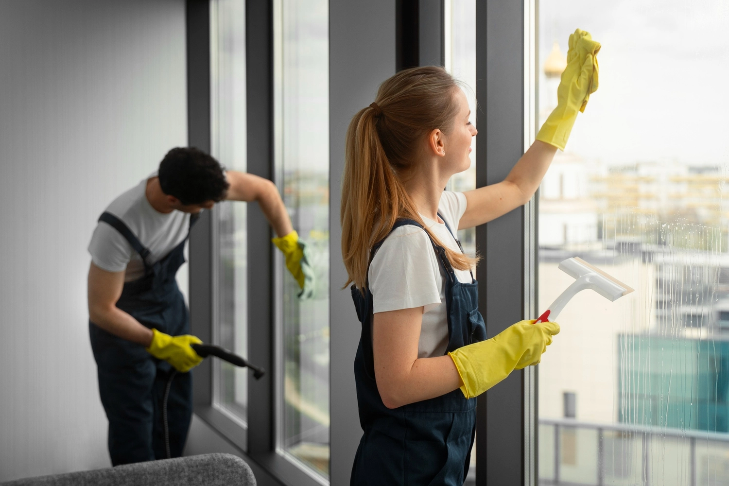 Duka Reinigung - Gebäudereinigung - Zwei Arbeiter mit gelben Schutzhandschuhen putzen große Bürofenster.